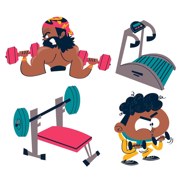 Retro cartoon workout stickers collection