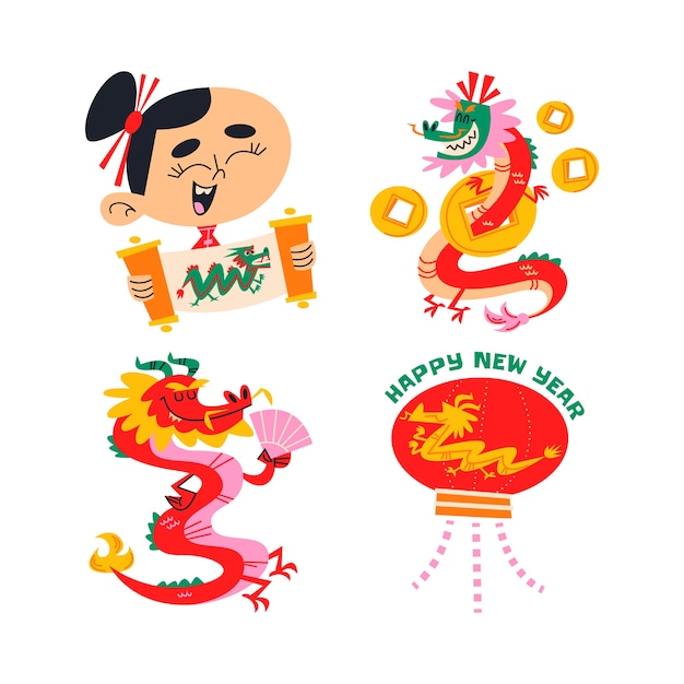 Free Vector retro cartoon year of the dragon stickers collection