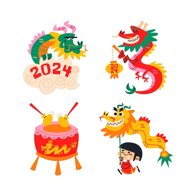 Free Vector retro cartoon year of the dragon stickers collection