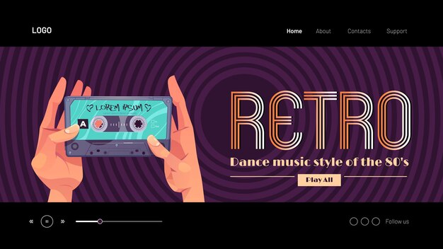 Retro dance music style of s banner hands holding audio cassette