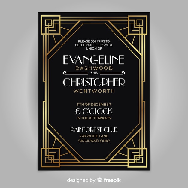 Retro dark wedding invitation template in art deco design