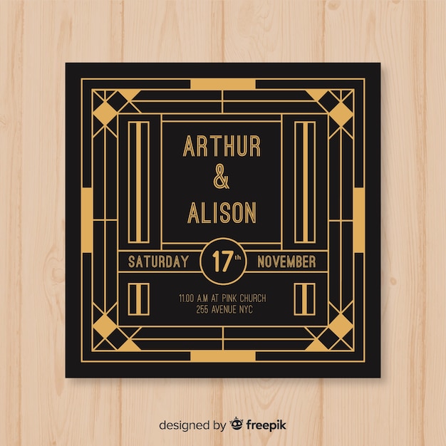 Free Vector retro dark wedding invitation template in art deco style