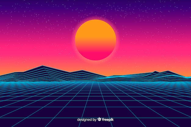 Retro futuristic landscape background flat design