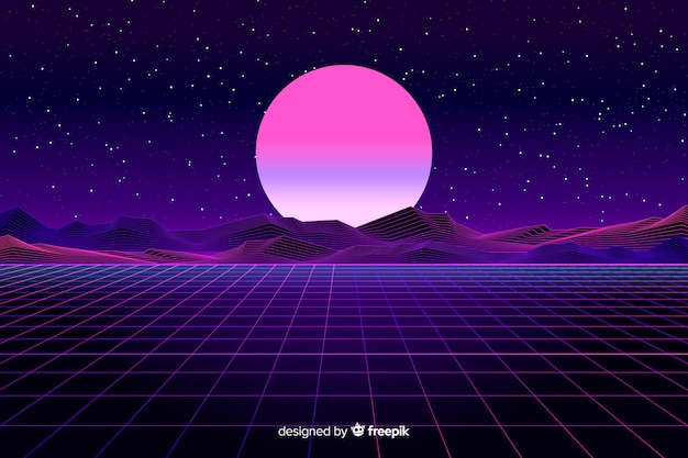 Retro futuristic landscape background flat design