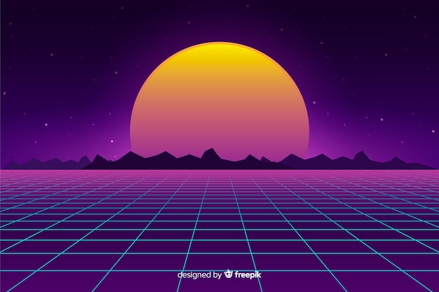 Retro futuristic landscape background flat design