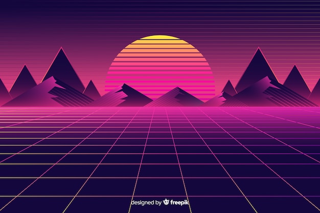 Retro futuristic landscape background with sun