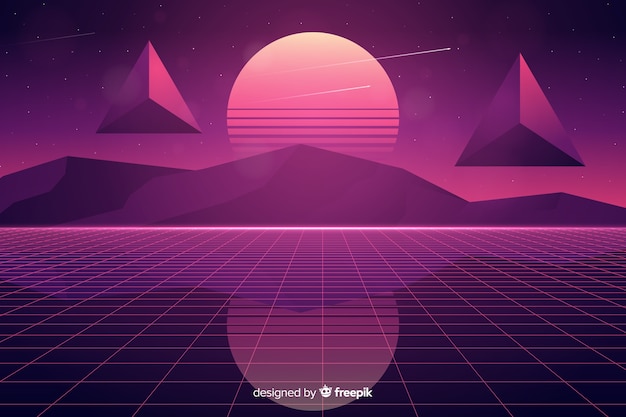 Retro futuristic landscape background with sun