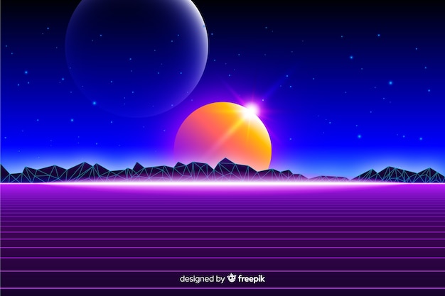 Free vector retro futuristic landscape of universe background