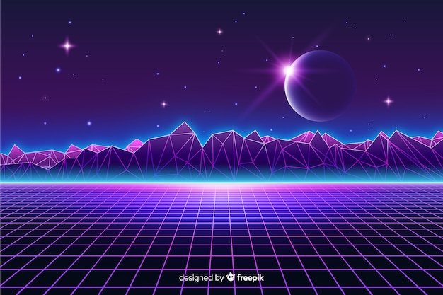 Retro futuristic landscape of universe background