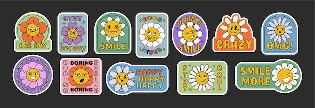 Free Vector retro groovy daisy flower stickers with different emotions and slogan