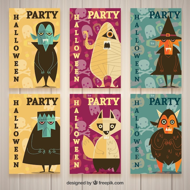 Retro halloween party cards set with characters