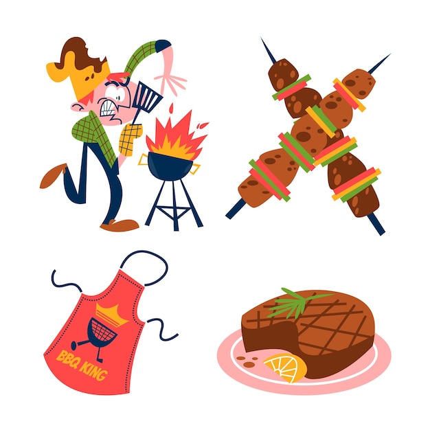 Free Vector retro hand drawn bbq stickers