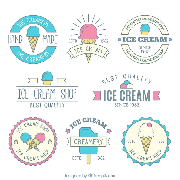 Retro ice cream stickers pack in linear style