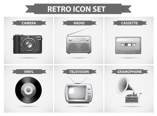 Free Vector retro icon set in grayscale