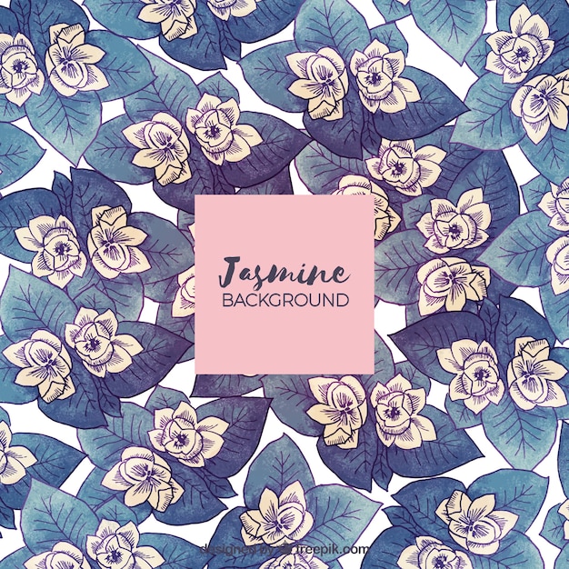 Retro jasmine background with watercolor leaves