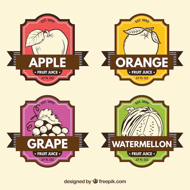 Retro labels with hand drawn fruits 