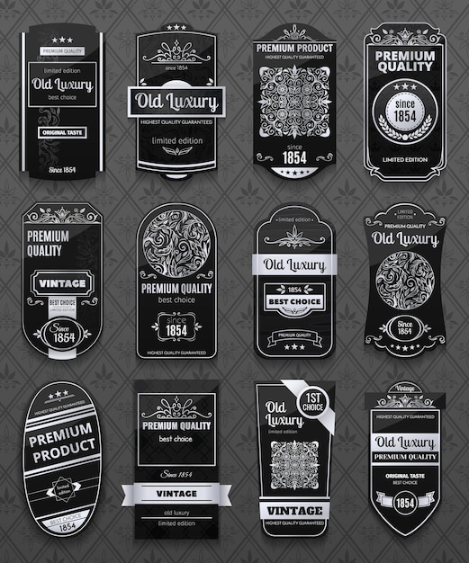 Retro luxury labels set in black and white color isolated on gray