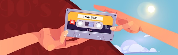 Retro mixtapes cartoon banner with human hands giving audio cassettes to each other