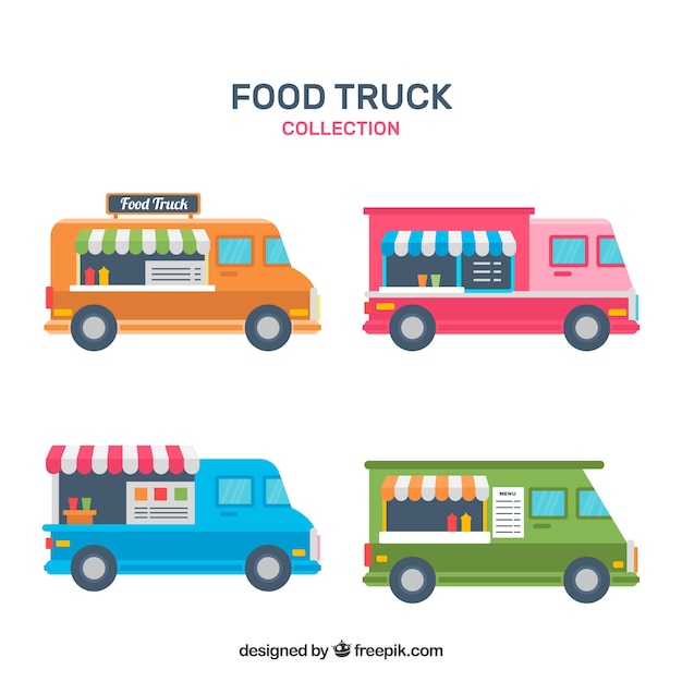 Retro pack of colorful food trucks