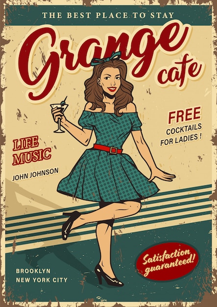 Retro party colorful poster with pin up girl