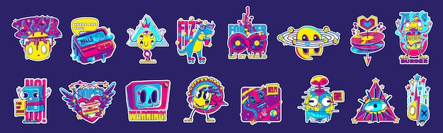 Free vector retro rave stickers comic patches