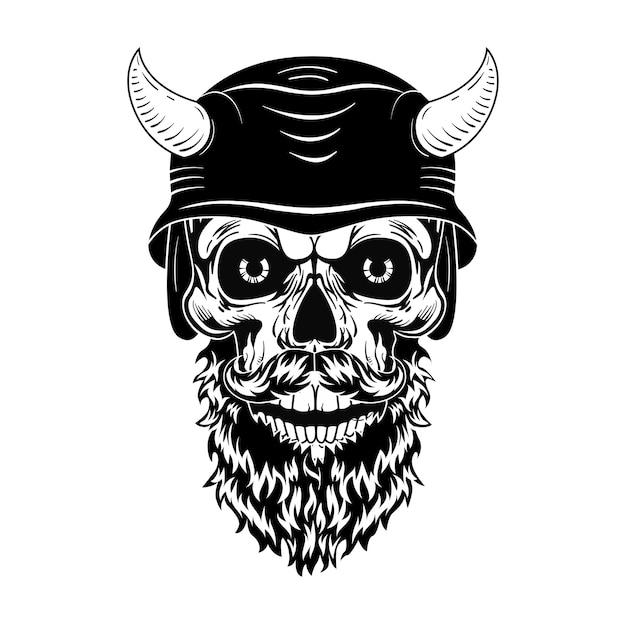 Free Vector retro skull in helmet with horns vector illustration. monochrome dead head with beard