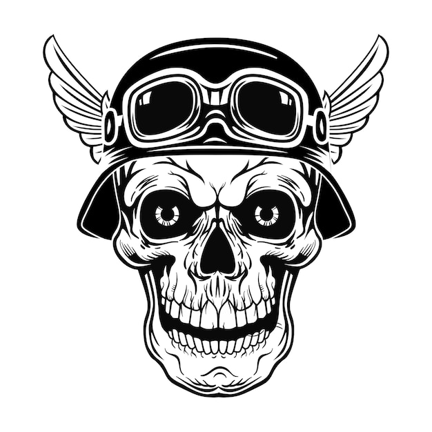 Free Vector retro skull in helmet with wings vector illustration. vintage dead head of soldier