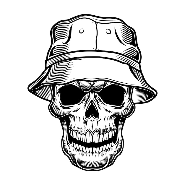 Retro skull in panama vector illustration. Black dead head of tourist in hat. Hawaii and tropical vacation concept can be used