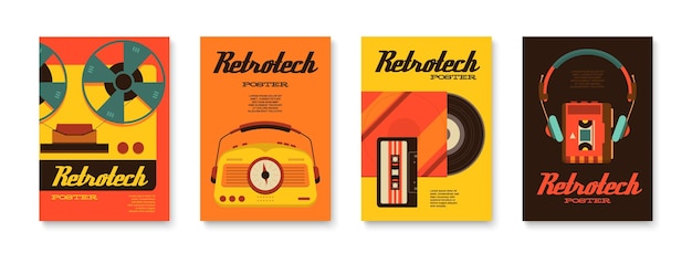 Retro technology set of four vertical posters with ornate text images of cassettes vinyl and tape vector illustration