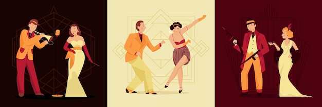 Retro twenties design concept with three square compositions with male and female human characters of dandies vector illustration