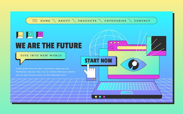 Free vector retro vaporwave landing page social media design template with laptop browser tab and open webpage computer window with graphic stickers in 90s vintage style flat vector illustration