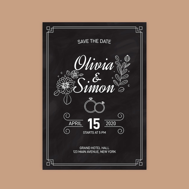 Retro wedding invitation template on blackboard