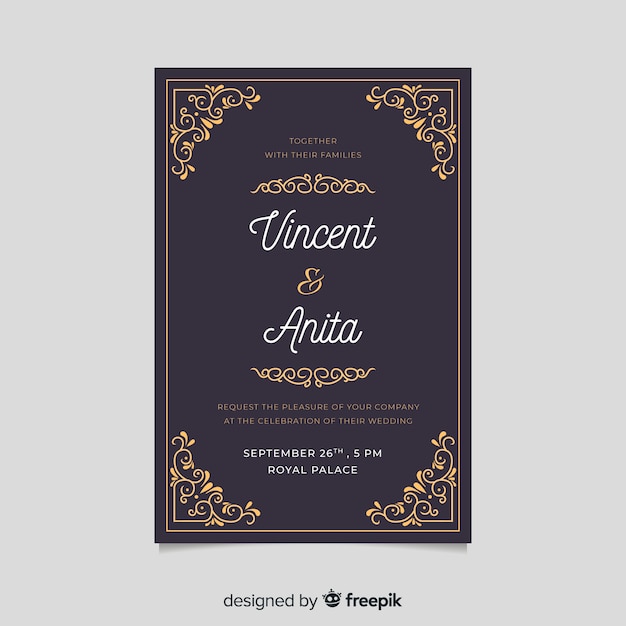 Retro wedding invitation template with golden elements