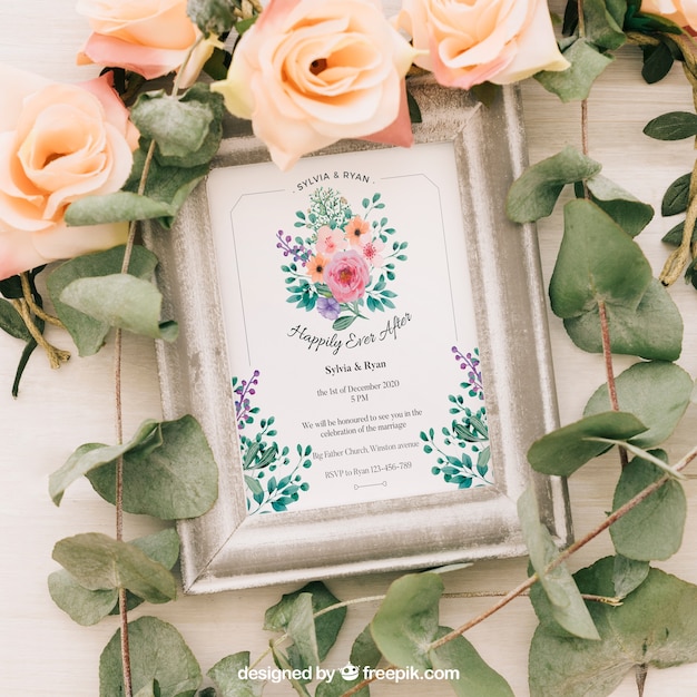 Retro wedding invitation with flowers