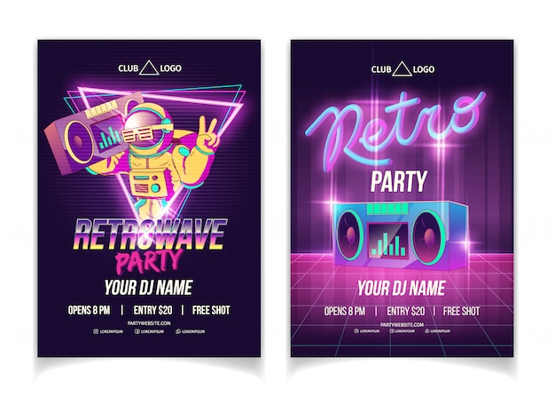 Retrowave music party in nightclub cartoon  ad poster, flyer or poster template in neon colors