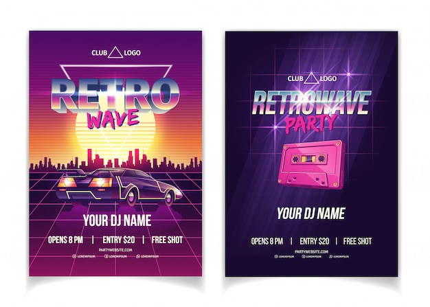 Free Vector retrowave party, electronic music of 80s, dj performance in nightclub cartoon  ad poster, promo flyer and poster