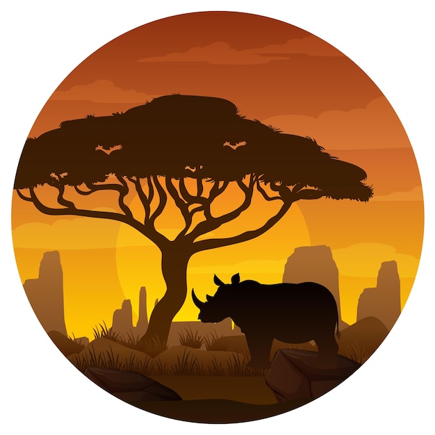 Rhinoceros animal silhouette in savanna forest