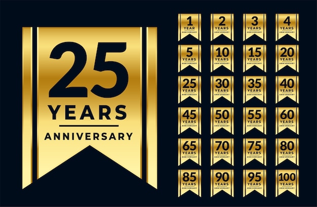 Free vector ribbon style anniversary golden labels or emblems set