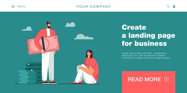 Free Vector rich guy and poor girl vector illustration. young businessman with cash and coins and poor woman in shabby clothes. business, money, wealth, poverty concept for banner, website design or landing page