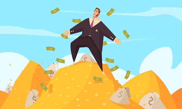 Free Vector rich man flat cartoon poster with fat businessman amidst flying dollars on gold mount top