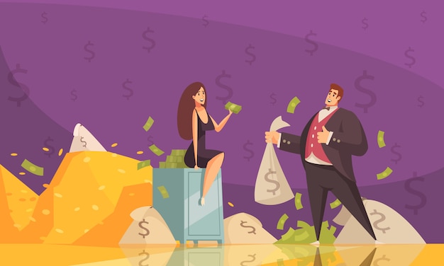 Free Vector rich man using wealth to get woman attention with banknotes heaps flat cartoon background poster