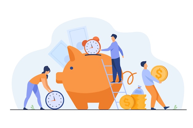 Free Vector rich people keeping cash and clocks in piggy bank. vector illustration for time is money, business, time management, wealth concept