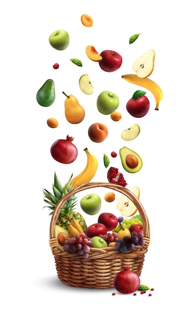 Ripe fruits falling in traditional wicker basket with handle realistic composition with pear banana apple