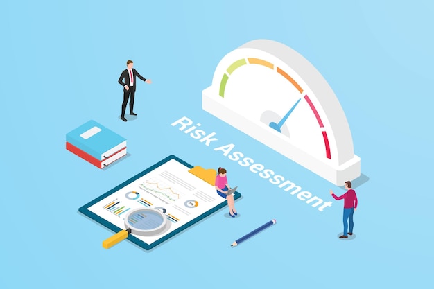 Free Vector risk assessment concept with speedometer and people and graph chart analysis data information with isometric flat style