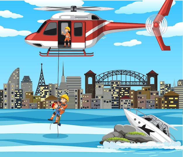 Free Vector river city scene with firerman rescue in cartoon style