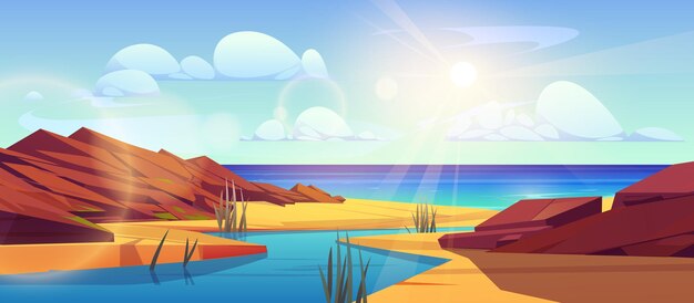 River delta landscape with water flowing into sea Vector cartoon illustration of rocky stones grass on sandy coast bright sun shining in blue sky above seascape Natural background for travel game