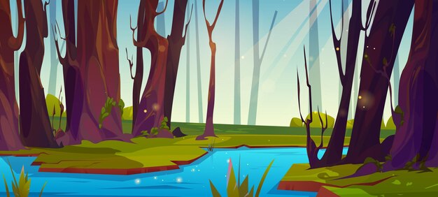 River flowing in summer forest Vector cartoon illustration of sunny spring weather green landscape with trees blue sky with sun beam stream or brook in valley beautiful nature scene