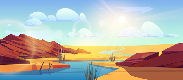 Free Vector river flowing through sahara desert vector cartoon illustration of hot sandy dunes landscape stones on bank green plants growing near water sunlight flaring in air blue sky with white clouds