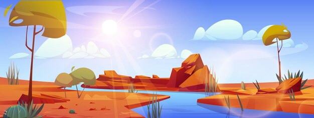 River flowing through Sahara desert Vector cartoon illustration of sandy dunes landscape stones on bank green cacti plants growing near water sunlight flaring in air blue sky with white clouds