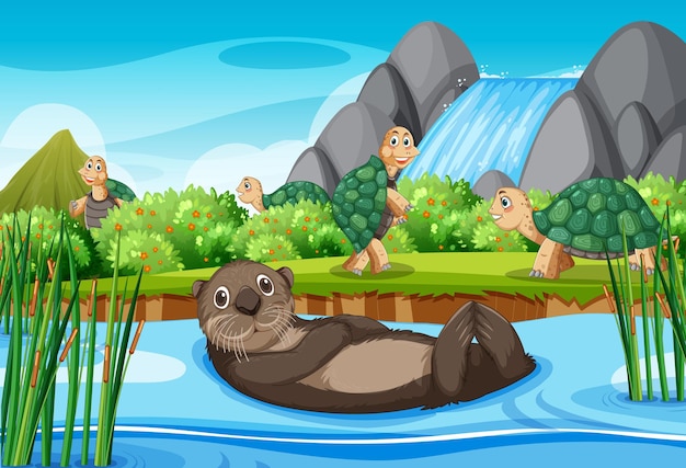 Free vector river in the forest with otter and tortoises